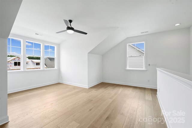 13618 Tranquil Day Dr, Matthews, NC 28105 - additional living space featuring light wood-type flooring, a ceiling fan, baseboards, lofted ceiling, and recessed lighting