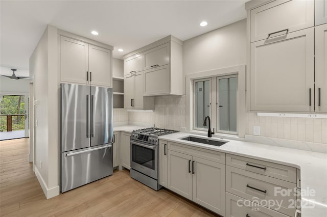 1077 Hicks Rd Unit B, Highlands, NC 28741 - kitchen with appliances with stainless steel finishes, a sink, light wood-type flooring, tasteful backsplash, and recessed lighting