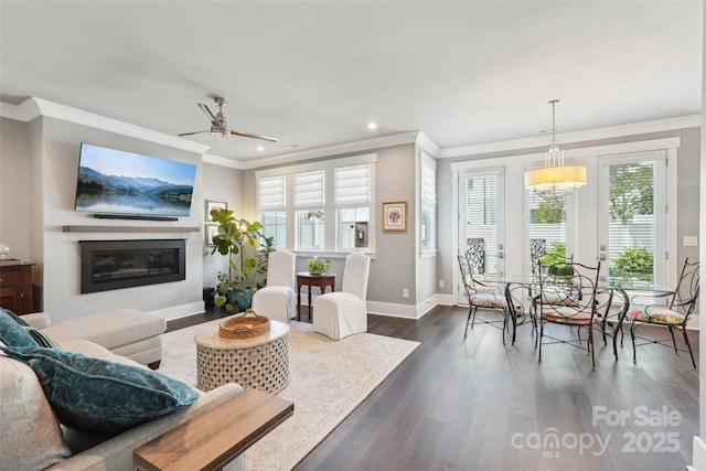 7908 Rea View Ct, Charlotte, NC 28226 - living area with ornamental molding, baseboards, dark wood-style flooring, recessed lighting, and a ceiling fan