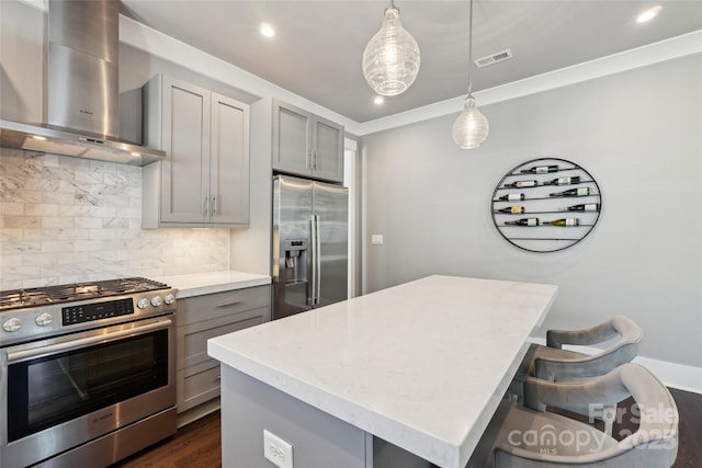 7908 Rea View Ct, Charlotte, NC 28226 - kitchen with wall chimney range hood, appliances with stainless steel finishes, gray cabinetry, tasteful backsplash, and a center island