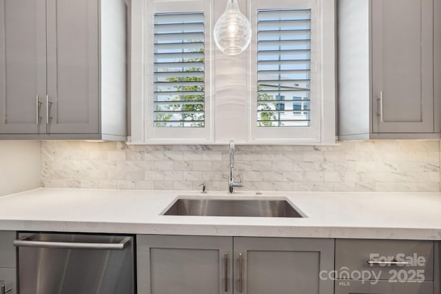 7908 Rea View Ct, Charlotte, NC 28226 - kitchen featuring gray cabinetry, stainless steel dishwasher, a sink, and light countertops