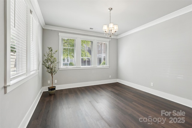 7908 Rea View Ct, Charlotte, NC 28226 - unfurnished room featuring a chandelier, healthy amount of natural light, dark wood-style flooring, baseboards, and crown molding