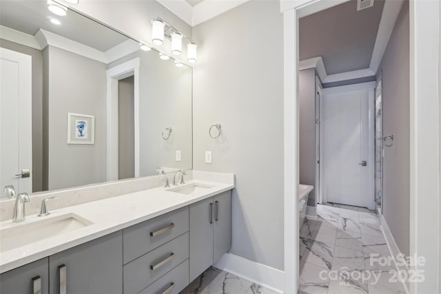 7908 Rea View Ct, Charlotte, NC 28226 - full bath featuring marble finish floors, baseboards, a freestanding bath, and double vanity