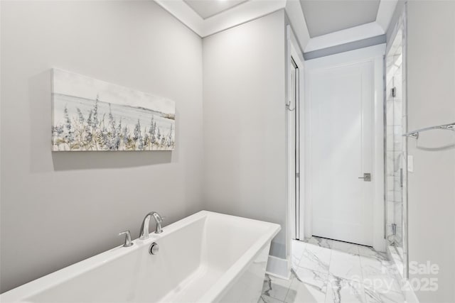 7908 Rea View Ct, Charlotte, NC 28226 - full bathroom featuring marble finish floors, a freestanding bath, and a shower stall