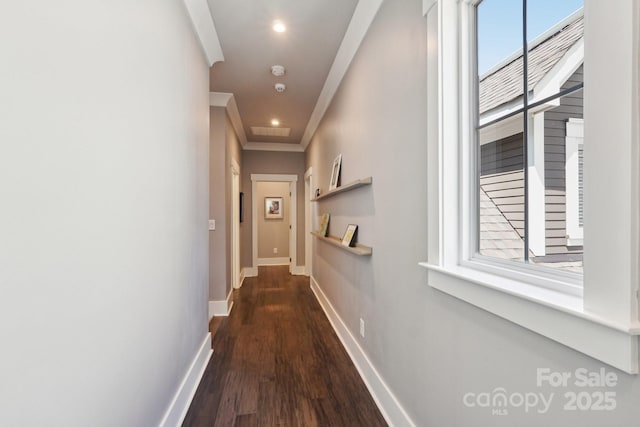 7908 Rea View Ct, Charlotte, NC 28226 - corridor with baseboards, crown molding, dark wood-style flooring, and recessed lighting