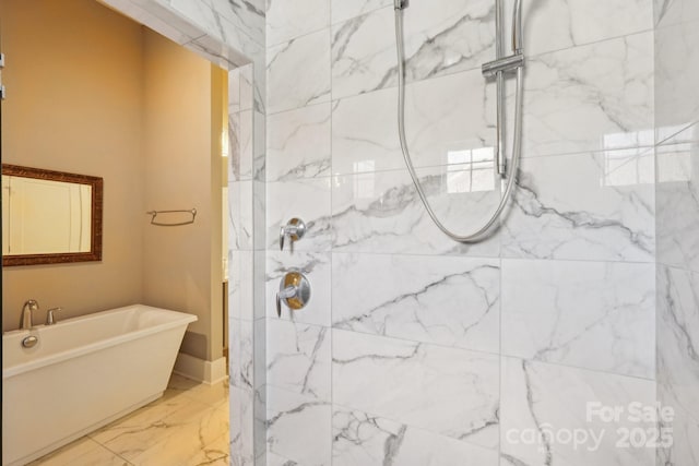 7908 Rea View Ct, Charlotte, NC 28226 - full bath featuring a tile shower, a soaking tub, and marble finish floors