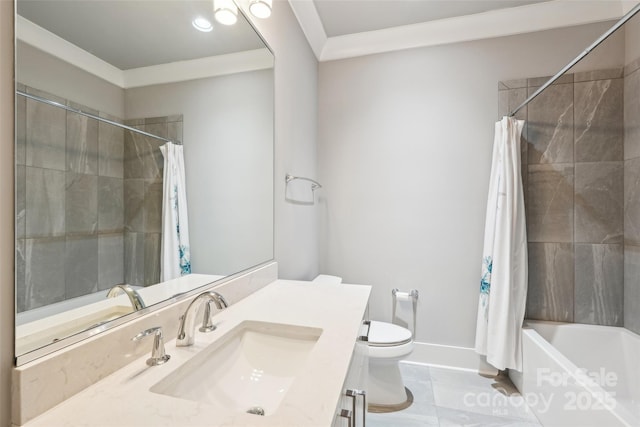 7908 Rea View Ct, Charlotte, NC 28226 - bathroom featuring vanity, shower / tub combo, toilet, and baseboards