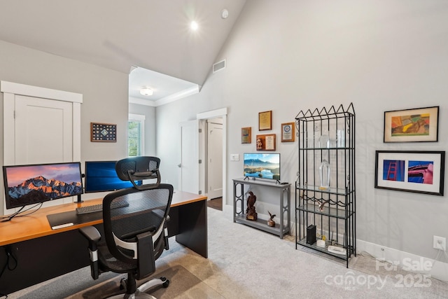 7908 Rea View Ct, Charlotte, NC 28226 - carpeted home office featuring baseboards and vaulted ceiling