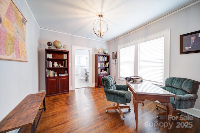 501 Pee Dee Ave, Albemarle, NC 28001 - office space featuring crown molding, wood finished floors, a chandelier, and baseboards