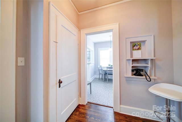 501 Pee Dee Ave, Albemarle, NC 28001 - corridor with dark wood-style flooring, baseboards, and crown molding