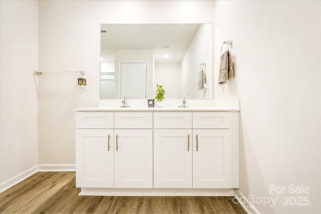bathroom with wood finished floors, baseboards, and double vanity