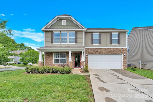 12217 Dearview Ln, Charlotte, NC 28269 - craftsman house with concrete driveway, a front yard, a garage, stone siding, and central air condition unit