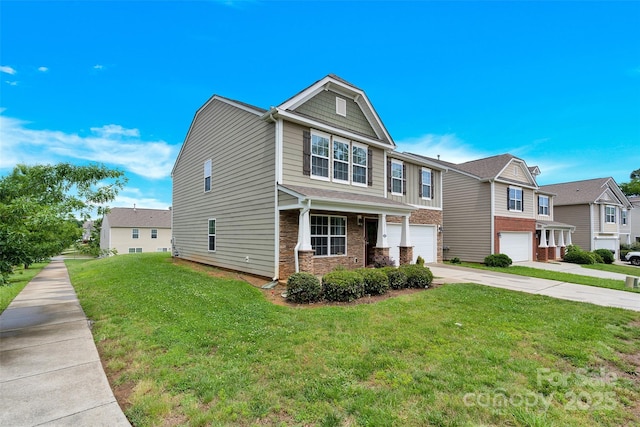 12217 Dearview Ln, Charlotte, NC 28269 - view of front of property featuring concrete driveway, a garage, a front yard, stone siding, and a residential view