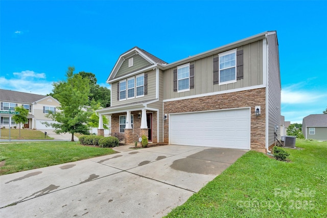 12217 Dearview Ln, Charlotte, NC 28269 - view of front facade featuring board and batten siding, cooling unit, an attached garage, driveway, and a front lawn