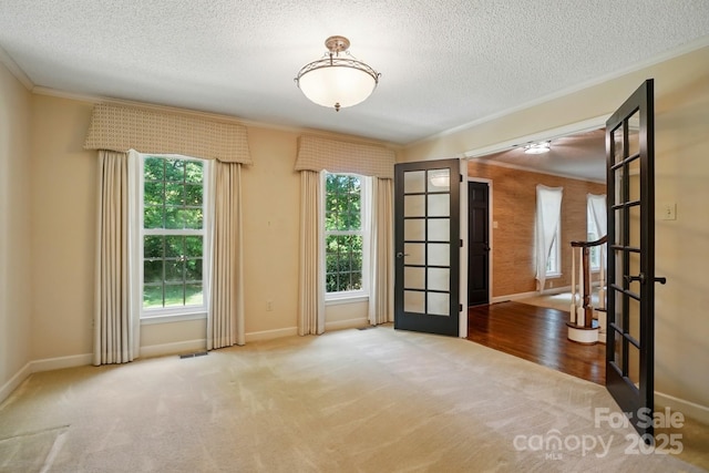 1295 Patterson St, China Grove, NC 28023 - spare room with french doors, ornamental molding, carpet, a textured ceiling, and baseboards