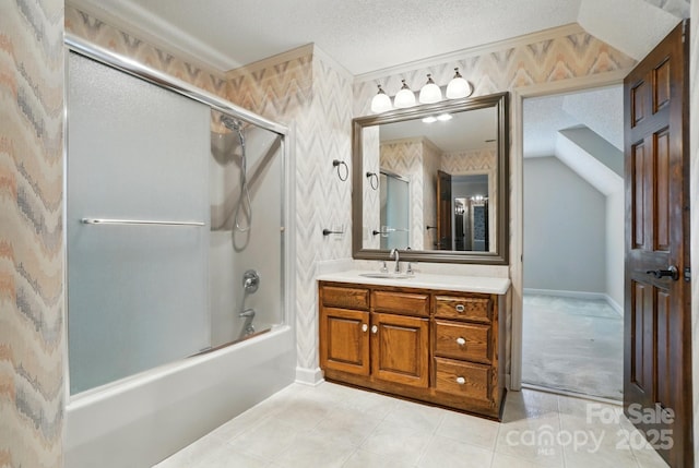 1295 Patterson St, China Grove, NC 28023 - bathroom with vanity, bath / shower combo with glass door, wallpapered walls, a textured ceiling, and baseboards