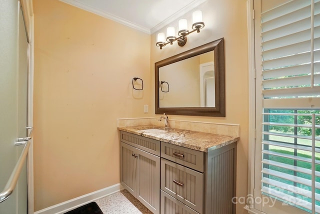 1295 Patterson St, China Grove, NC 28023 - bathroom featuring crown molding, vanity, baseboards, and speckled floor