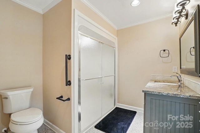1295 Patterson St, China Grove, NC 28023 - full bathroom with baseboards, vanity, toilet, crown molding, and a shower