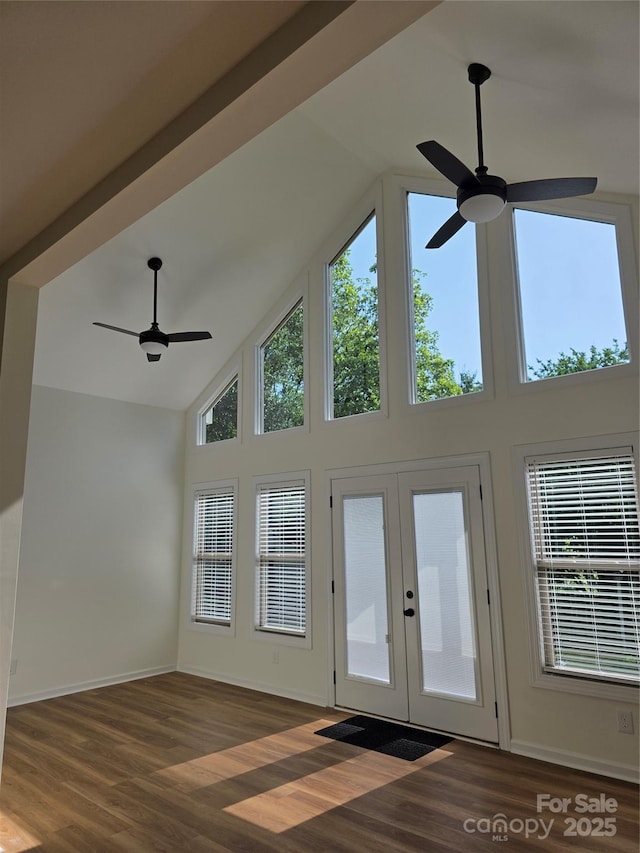 1111 Unionville Church Rd, Monroe, NC 28110 - unfurnished living room featuring ceiling fan, high vaulted ceiling, wood finished floors, french doors, and baseboards