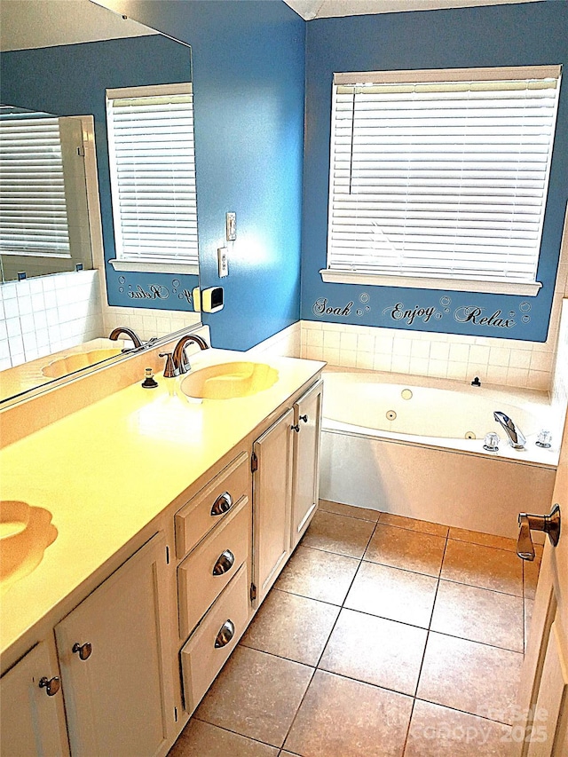 12304 Sandringham Pl, Charlotte, NC 28262 - full bathroom with tile patterned flooring, double vanity, and a jetted tub
