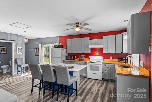 35 Telephone Exchange Rd, Hickory, NC 28601 - kitchen featuring white appliances, butcher block counters, a sink, wood finished floors, and under cabinet range hood