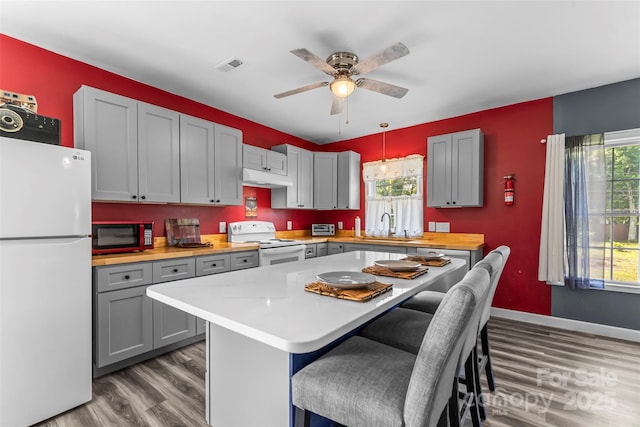 35 Telephone Exchange Rd, Hickory, NC 28601 - kitchen featuring white appliances, gray cabinets, light countertops, and wood finished floors