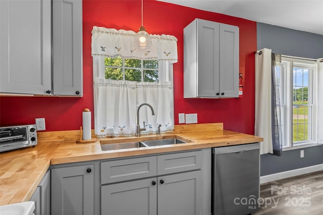 35 Telephone Exchange Rd, Hickory, NC 28601 - kitchen featuring butcher block counters, dishwasher, a sink, wood finished floors, and baseboards