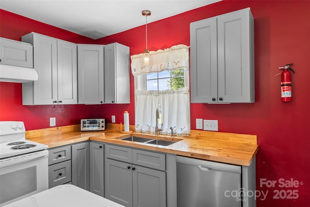 35 Telephone Exchange Rd, Hickory, NC 28601 - kitchen with electric range, butcher block counters, stainless steel dishwasher, a sink, and under cabinet range hood