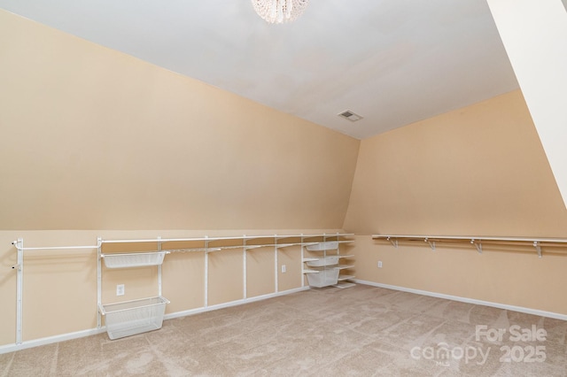 spacious closet with carpet floors and vaulted ceiling