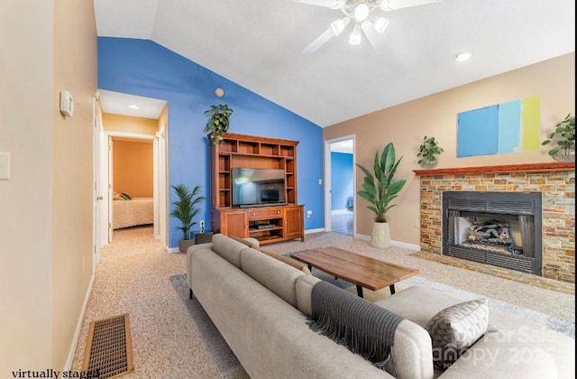 30 Robin Ln, Asheville, NC 28806 - living room featuring lofted ceiling, carpet floors, a ceiling fan, baseboards, and a fireplace