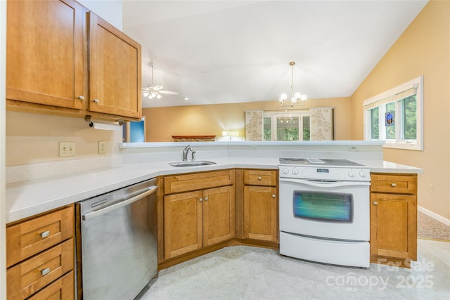 30 Robin Ln, Asheville, NC 28806 - kitchen with white range with electric stovetop, dishwasher, a sink, a chandelier, and light countertops