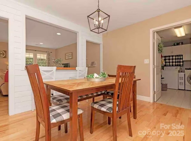 150 Deerwoode Ln, Brevard, NC 28712 - dining space with independent washer and dryer, a chandelier, light wood-style flooring, recessed lighting, and baseboards