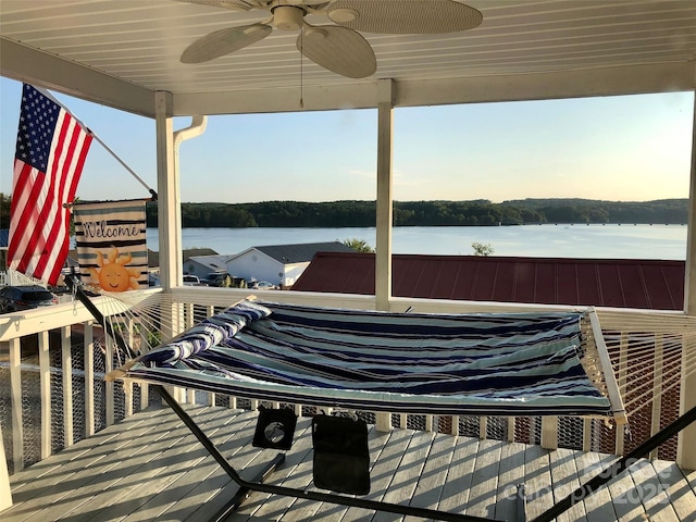108 Brit Ln, New London, NC 28127 - deck featuring a ceiling fan and a water view