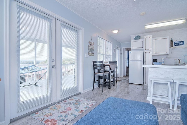 108 Brit Ln, New London, NC 28127 - living room with light wood-style flooring, french doors, a textured ceiling, crown molding, and baseboards