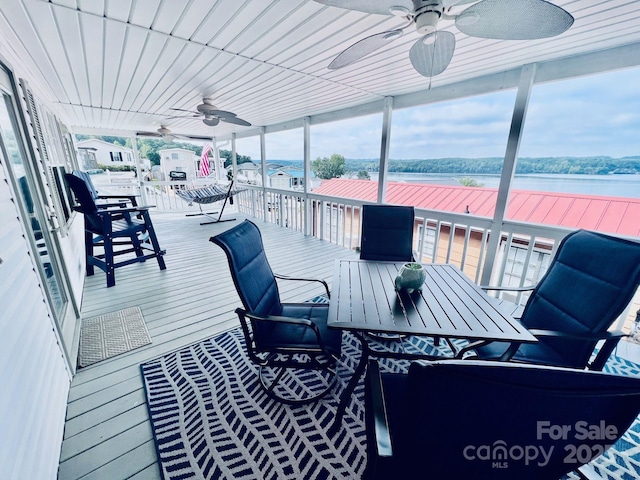 108 Brit Ln, New London, NC 28127 - wooden deck with ceiling fan, outdoor dining area, and a water view