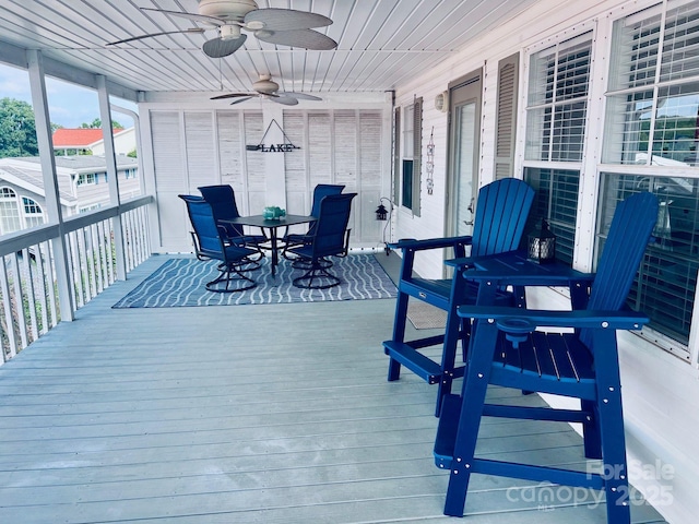 108 Brit Ln, New London, NC 28127 - wooden terrace featuring ceiling fan and outdoor dining space