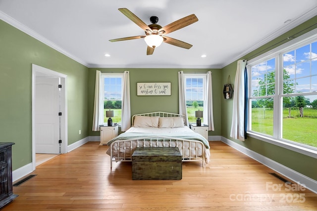 3707 Seagrave Farm Rd, Concord, NC 28025 - bedroom featuring ornamental molding, baseboards, light wood finished floors, recessed lighting, and ceiling fan