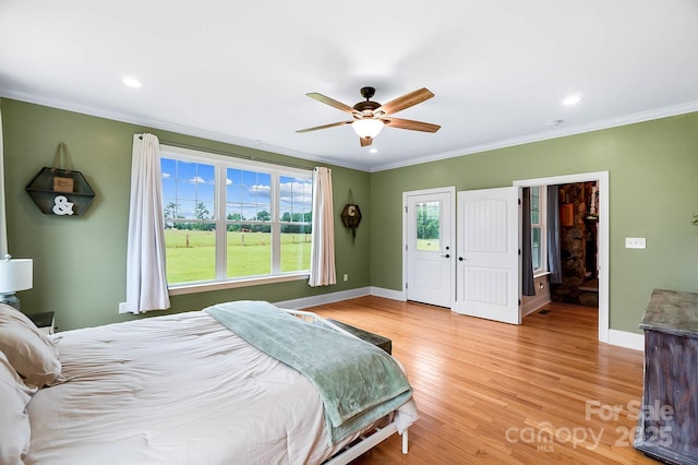 3707 Seagrave Farm Rd, Concord, NC 28025 - bedroom featuring crown molding, light wood-style floors, recessed lighting, baseboards, and a ceiling fan
