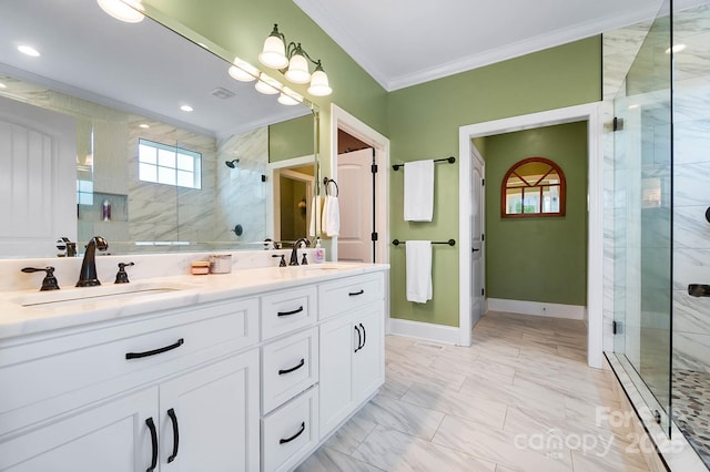 3707 Seagrave Farm Rd, Concord, NC 28025 - full bath featuring crown molding, a stall shower, baseboards, marble finish floors, and double vanity