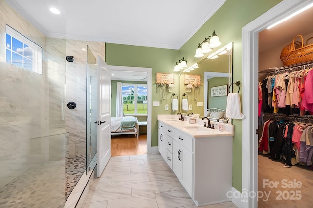 3707 Seagrave Farm Rd, Concord, NC 28025 - full bath with ornamental molding, a shower stall, ensuite bathroom, double vanity, and marble look tile flooring