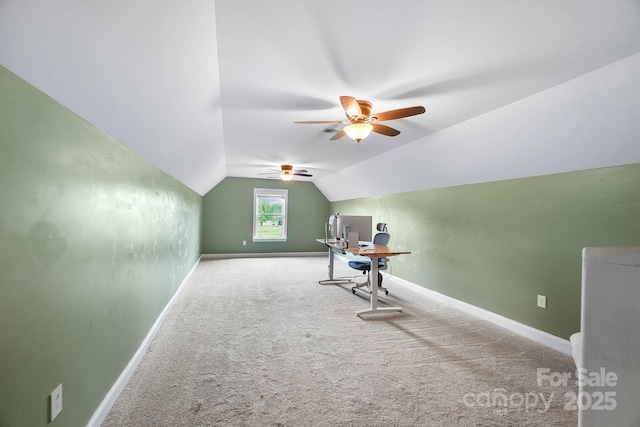 3707 Seagrave Farm Rd, Concord, NC 28025 - unfurnished office with ceiling fan, vaulted ceiling, carpet floors, and baseboards