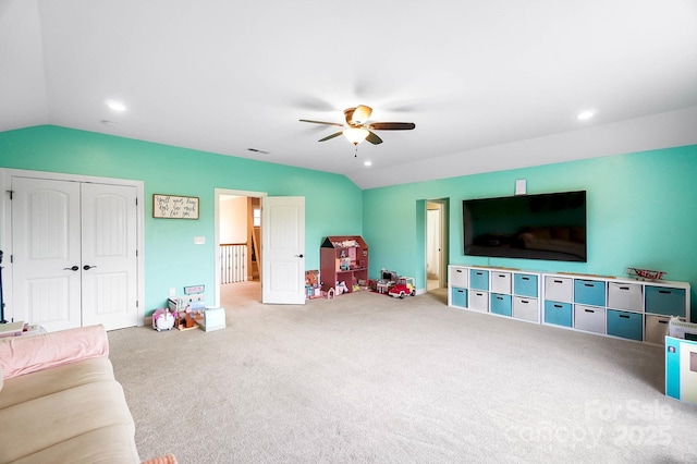 3707 Seagrave Farm Rd, Concord, NC 28025 - recreation room with lofted ceiling, a ceiling fan, carpet flooring, and recessed lighting