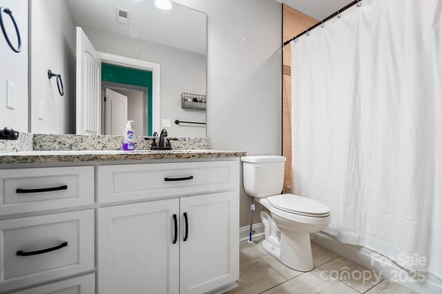3707 Seagrave Farm Rd, Concord, NC 28025 - bathroom with toilet, vanity, a shower with shower curtain, and tile patterned flooring