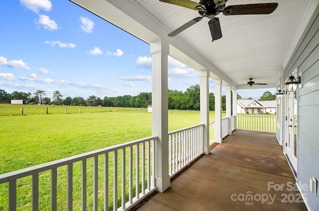 3707 Seagrave Farm Rd, Concord, NC 28025 - view of patio featuring a porch, a ceiling fan, and a view of rural / pastoral area