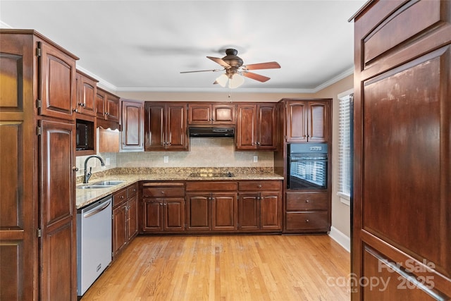 8024 Bradford Ln, Denver, NC 28037 - kitchen featuring black appliances, a sink, a ceiling fan, under cabinet range hood, and light wood-style flooring