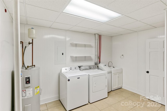 8024 Bradford Ln, Denver, NC 28037 - laundry room with water heater, washer and clothes dryer, electric panel, light tile patterned floors, and cabinet space