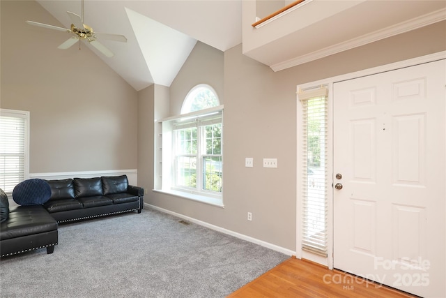 9315 Pebble Creek Way, Charlotte, NC 28269 - foyer entrance with ceiling fan, baseboards, light colored carpet, and high vaulted ceiling