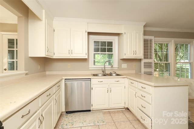 9315 Pebble Creek Way, Charlotte, NC 28269 - kitchen with a sink, stainless steel dishwasher, a peninsula, ornamental molding, and light countertops