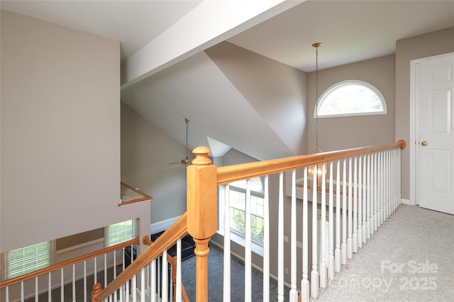 9315 Pebble Creek Way, Charlotte, NC 28269 - hall with carpet flooring, an upstairs landing, and baseboards