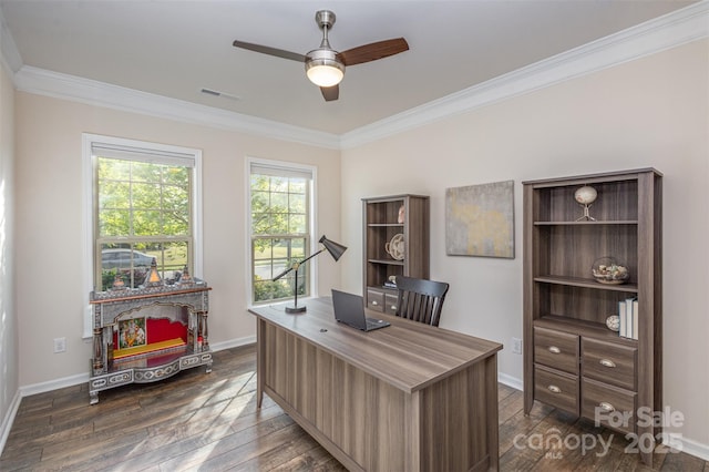 2014 Drawbridge Dr, Fort Mill, SC 29707 - home office with a ceiling fan, crown molding, dark wood finished floors, and baseboards
